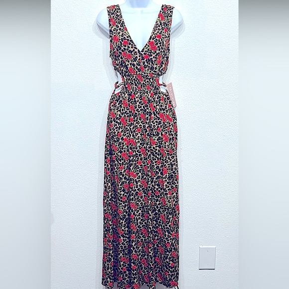 Leopard Print Dress with Red Floral Accents - Picture 1 of 9